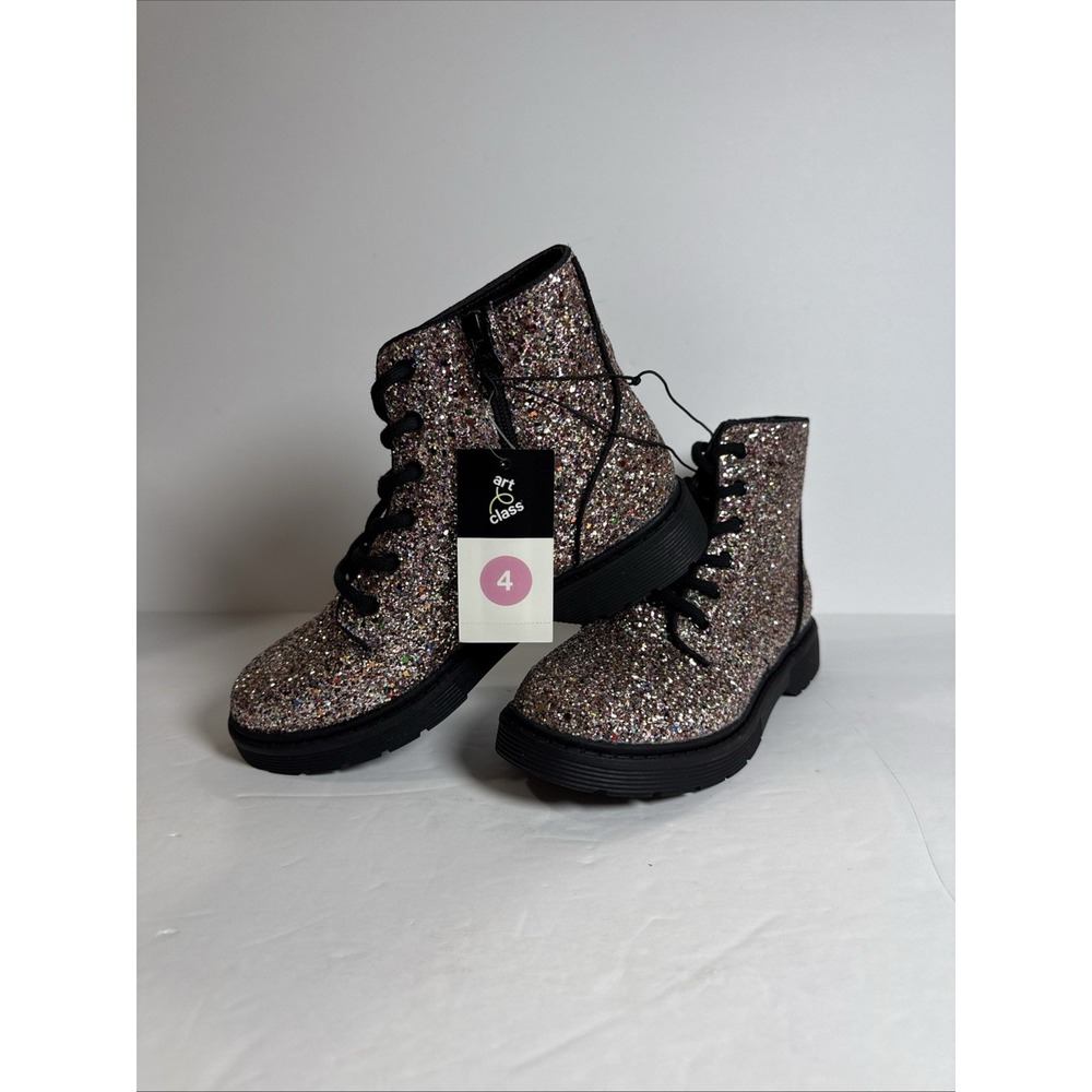 Art Class Glitter Boots Youth Sz 4 Pink Black Side Zipper Combat Boots